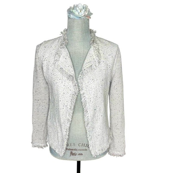 NIC+ZOE Open Front Fringed Knit Jacket PP Petite Gray Speckled Textured Blazer - Picture 1 of 14